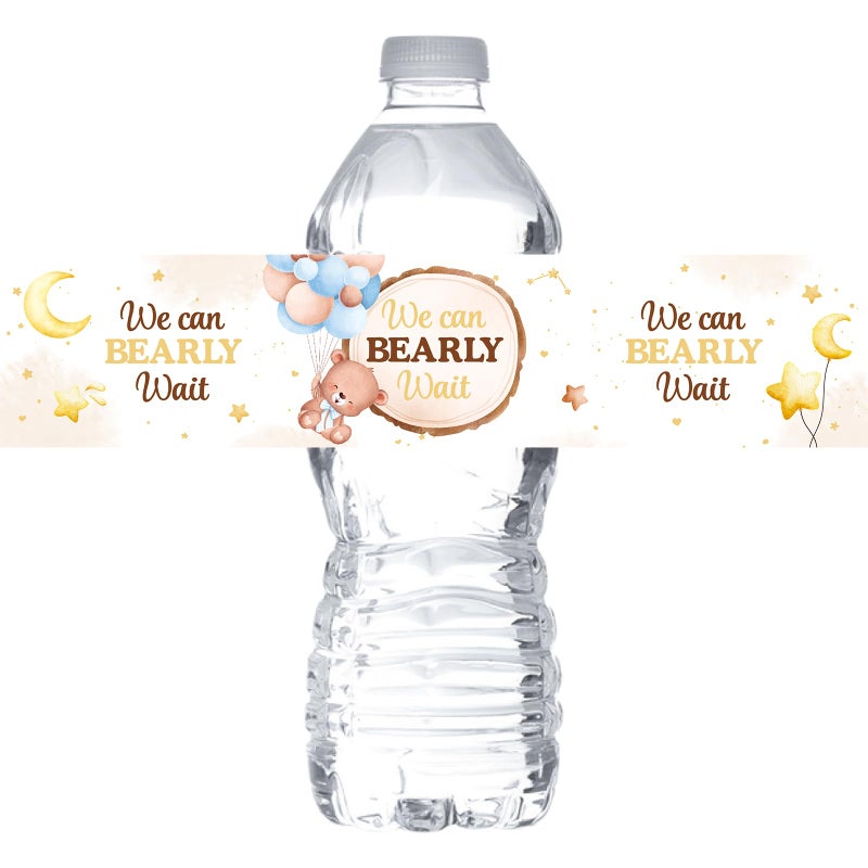MonMon & Craft We Can Bearly Wait Water Bottle Stickers - Teddy Bear Theme Bottle Wrappers Bear Baby Shower - Baby Birthday Party Water Labels Supplies Waterproof (Set of 32) - Image 1